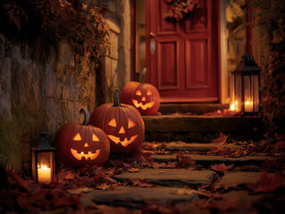 Jack O Lantern carved pumpkins on a red doorway of a house at dusk with lit candles and autumn colored leaves. Halloween.
