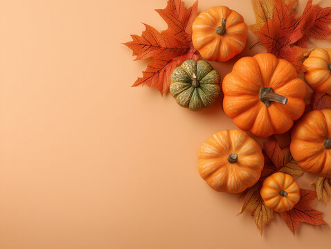 Background poster of pumpkins and autumn colored maple leaves isolated on a peach background with copy space for text. Suitable for halloween and autumn designs
