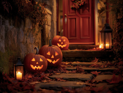 Jack O Lantern carved pumpkins on a red doorway of a house at dusk with lit candles and autumn colored leaves. Halloween.
