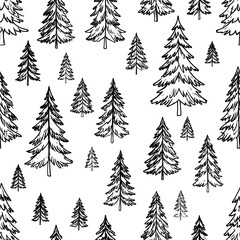 Obraz premium Black and white repeating pattern of hand-drawn pine trees