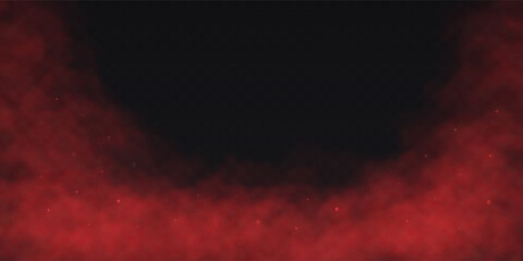 Red Fog effect on transparent dark background. Vector Smoke cloud.