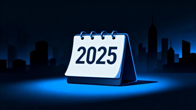 Desk calendar with 2025 date in dark city skyline at night, blue neon light and modern minimal design for planning, schedule and new year concept - Powered by Adobe