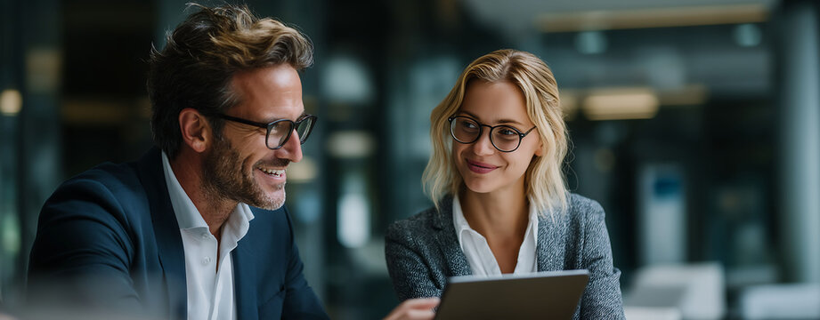 A business man and woman in glasses sit at a table with a digital tablet, talking and using a computer in a modern office