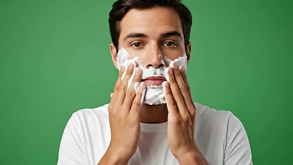 Young Man Applying Shaving Foam on Face Using Foam Dispenser for Personal Grooming in Front of Green Screen for Skincare and Grooming Product Advertising