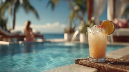 Refreshing tropical cocktail on a sunny day by the poolside with a serene ocean view in the background, perfect for summer vacation relaxation and enjoyment
