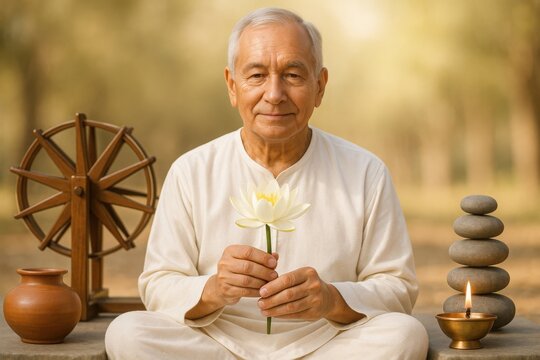 Senior man holding a lotus flower with spinning wheel, clay pot, balance stones, and oil lamp for International Day of Non-Violence