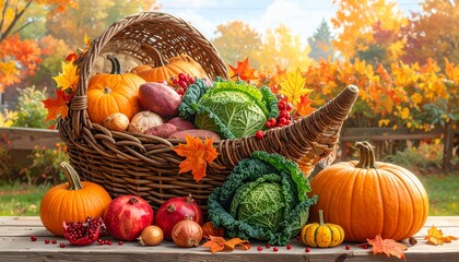 Vibrant autumn harvest cornucopia overflowing with pumpkins, cabbage, and pomegranates in a fall landscape