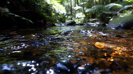stream. Sunlit forest stream with dappled light reflecting off crystal clear water over rocks. travel magazines, destination branding, designed for travel destination branding, used by researchers.