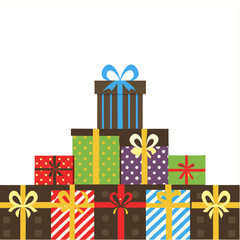 A stack of colorful wrapped gift boxes with ribbons and bows