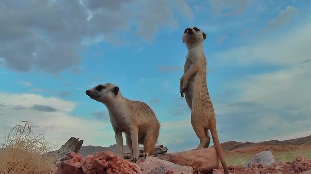 two suricates standing upright on lookout watchful, close 7.2