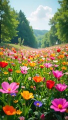 Vibrant field bursting with a profusion of colorful flowers in full bloom, a breathtaking display of nature's beauty Perfect for spring, summer, floral, and nature themes , petals, poppies, sunflower