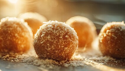 Close-up of several light-brown, round treats, covered in shredded coconut, on a surface dusted with more coconut flakes.  Sunlight streams in from the top-right, creating a warm, bright glow