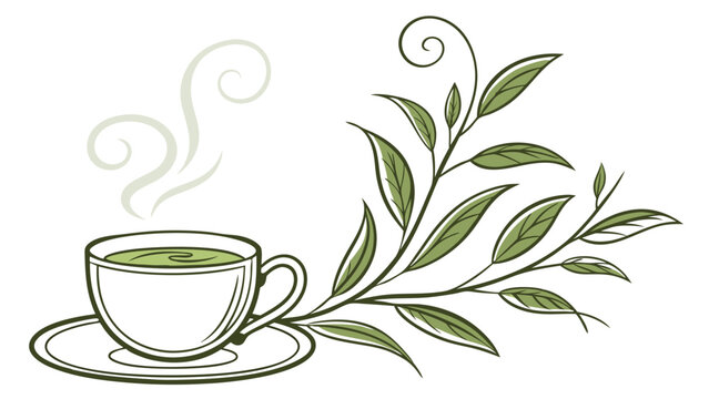 A steaming cup of tea with tea leaves illustration perfect for menu packaging and wellness designs.
