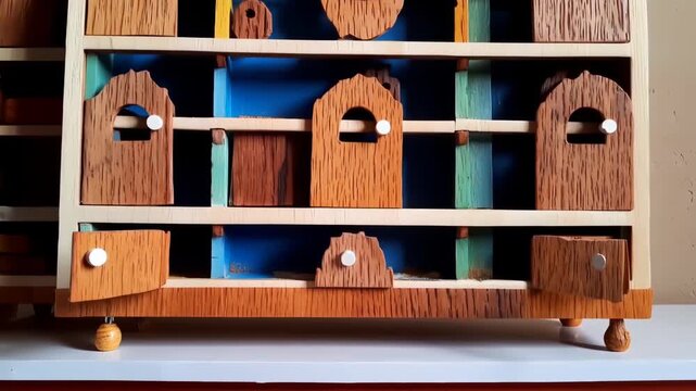 Multi-level wooden cabinet with compartments and doors