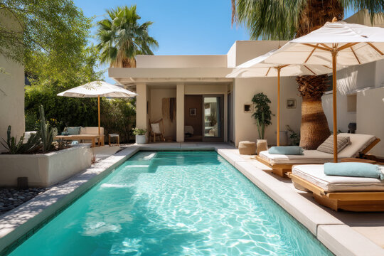 A vacation rental villa with a private pool. Travelers lounge under umbrellas. The mood feels luxurious and calm - Powered by Adobe