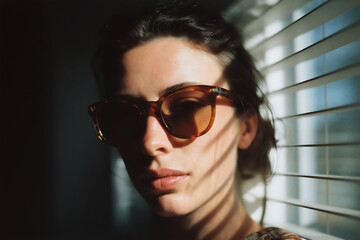 Grainy portrait of woman in sunglasses against blinds on sunny day, shot in Kodak Portra 400T style