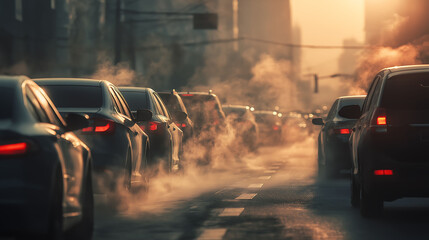 City street filled with cars stuck in traffic, emitting smoke. A visual representation of air pollution
