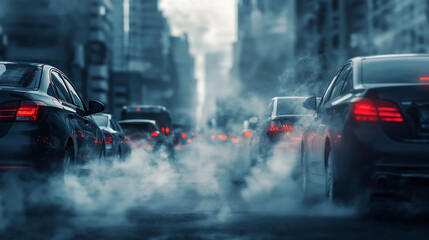 City street filled with cars in a traffic jam, emitting smoke. A visual representation of air pollution