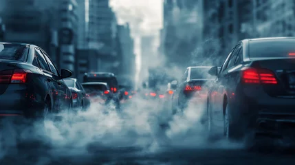 City street filled with cars in a traffic jam, emitting smoke. A visual representation of air pollution © GreenOptix