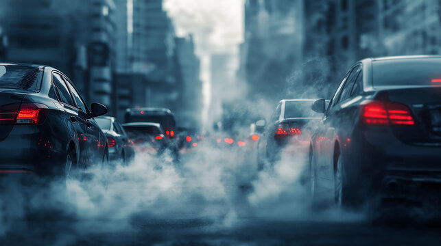 City street filled with cars in a traffic jam, emitting smoke. A visual representation of air pollution