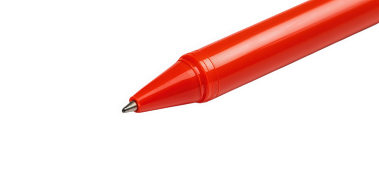 Extreme closeup of a red pen isolated on transparent background, showcasing the fine tip and smooth barrel design for precise writing and drawing applications