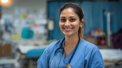 Smiling Indian nurse in blue scrubs with stethoscope, standing in hospital room, looking at camera. Canon EOS R5 style