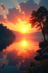 Naklejka premium Vibrant sunrise over a tranquil lake, reflecting golden light and peaceful serenity Perfect for wellness, mindfulness, and healthy lifestyle concepts , horizon, fresh air