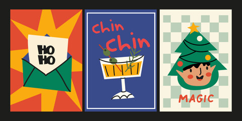 Set of Christmas New Year winter holiday posters design with cute funny xmas elements and typography. Christmas retro cards set in cartoon groovy style