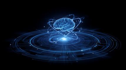 Neon brain hologram with technology grid background