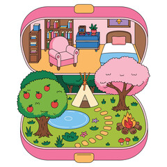 Cozy Miniature Room and Outdoor Camping Scene in Cute Vector Illustration, Whimsical Miniature Room and Outdoor Garden Scene in Pastel