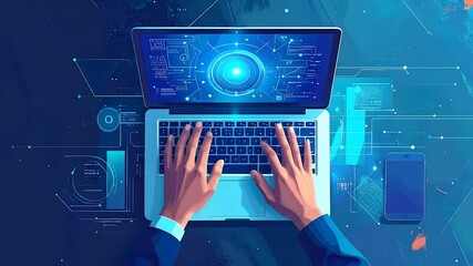 Top-down view of hands typing on a laptop with a screen displaying a high-tech interface, alongside a blue smartphone - Powered by Adobe