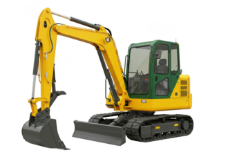 Yellow mini excavator digging machine ready for construction work isolated isolated on transparent background