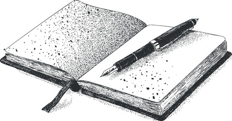 An artistic illustration of an open notebook with a pen resting on the pages.