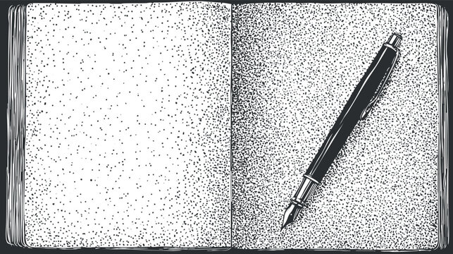An empty notebook with a fountain pen resting on its pages, ideal for writing or sketching.