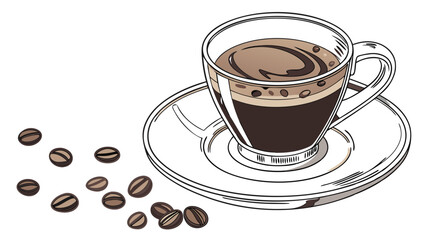 Obraz premium Espresso Coffee Drink in Glass Cup with Beans Illustration Cafe Menu Design Hot Beverage Coffee Shop Graphic Coffee Beans Scattered.