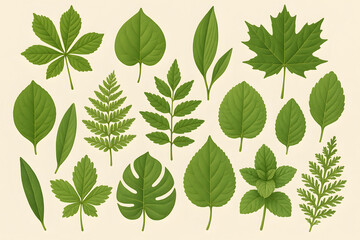 Green Leaves Variety: A collection of various green leaves, showcasing diverse shapes and textures, arranged on a soft, neutral backdrop. Illustrating the beauty of botanical details.