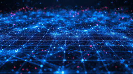 Interconnected blue network design with tiny red dots ideal for technology, communication, networking concepts, website backgrounds, and data visualization.
