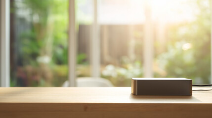 organized. Minimalist workspace featuring a closed device on a wooden table, exuding calm and productivity in warm tones. lifestyle magazines.