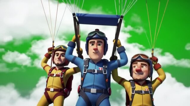 Three cartoon parachuters in yellow and blue jumpsuits flying against a green sky with white clouds.