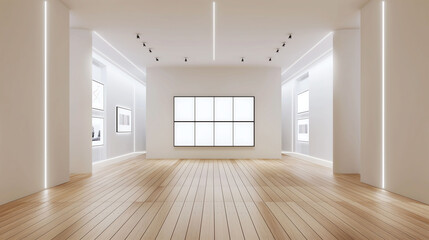 Obraz premium Sleek, modern studio with Apple-inspired design, central monitor showing 4-split video conference, moderator to the right, elegant lighting