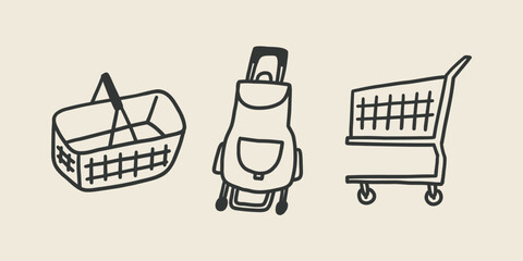 Doodle Shop Cart Icon. Hand Drawn Supermarket basket Trolley Bag. Sketch Line Vector Illustration