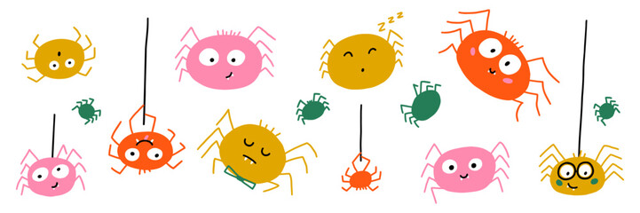 Cute Halloween Funny Spider Set. Vector Funky Illustration