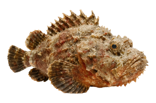 Venomous Scorpionfish or Stonefish with Camouflaged Textured Skin and Prominent Dorsal Spines, Ideal for Marine Biology and Ocean Life Concepts, Isolated on Transparent and White Background