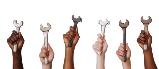 Diverse hands raising wrenches isolated on transparent background, symbolizing collaboration, repair, and teamwork in various mechanical and construction projects with different tools