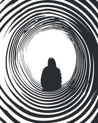 A silhouette figure sits at the center of a spiraling black and white tunnel design.