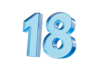 3d Glossy Blue number 18 or Eighteen with a gradient of blue shades. 3d illustration