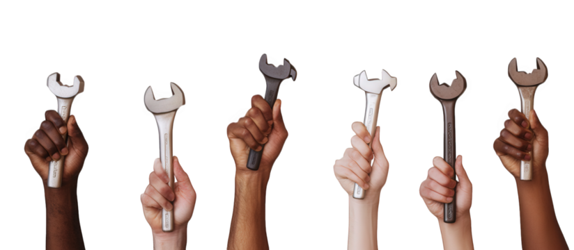 Diverse hands raising wrenches isolated on transparent background, symbolizing collaboration, repair, and teamwork in various mechanical and construction projects with different tools