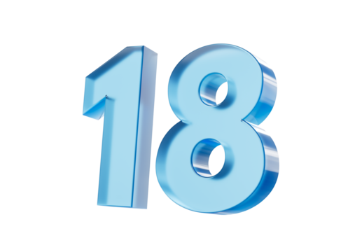 3d Glossy Blue number 18 or Eighteen with a gradient of blue shades. 3d illustration