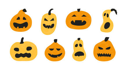 Halloween pumpkin set. Hand drawn Scary and funny faces. Spooky Jack lantern. Flat style vector illustrations isolated on white background. Decoration element with grainy texture