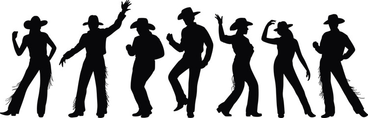 Silhouette cowboy dancers, western dance, country style, line dancing, performance art, rodeo fashion